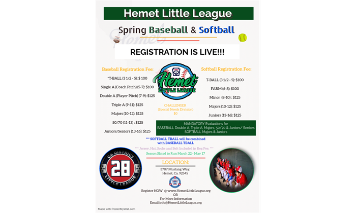 Hemet Little League Spring Registration 2025