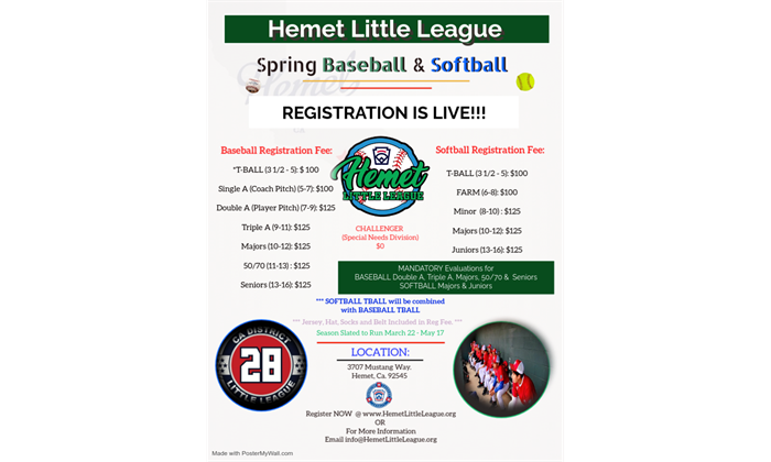 Hemet Little League Spring Registration 2025